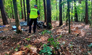 Policjant w mundurze i kamizelce odblaskowej z napisem policja przy motocyklu rozbitym na drzewie.