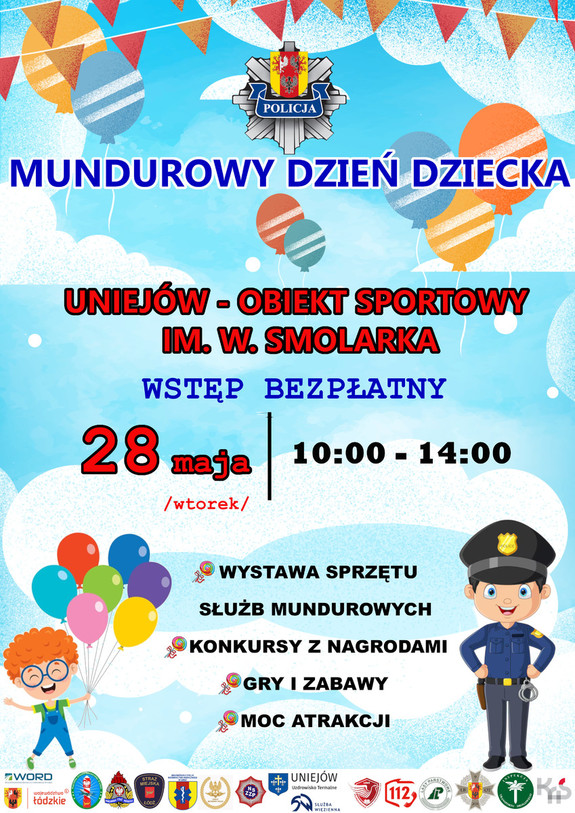 Plakat z okazji mundurowego dnia dziecka, dziecko z balonami i policjant.
