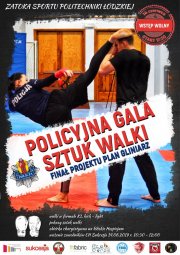 napis policyjna gala sztuki walki na plakacie promującym walkę, kobieta i mężczyzna w trakcie walki