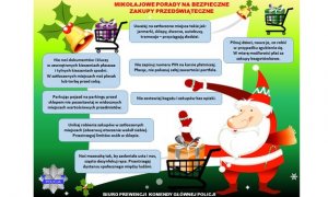 mikołaj z wózkiem sklepowym z prezentami a przy nim porady jak ustrzec się przed oszustami w trakcie robienia zakupów świątecznych