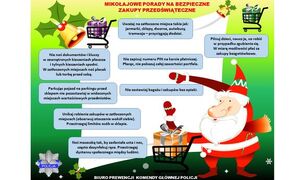 mikołaj z wózkiem sklepowym z prezentami a przy nim porady jak ustrzec się przed oszustami w trakcie robienia zakupów świątecznych