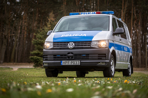 Radiowóz stojący na trawie a przed nim krokusy.