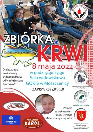 plakat z informacjami oddania krwi dla Mateusza