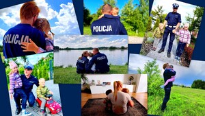 Zdjęcia policjantów w mundurach oraz w cywilu razem z dziećmi.