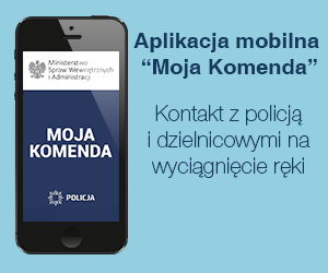 Telefon komórkowy napis aplikacja mobilna moja komenda kontakt z policją i  dzielnicowymi na wyciągnięcie ręki.