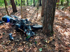 Rozbity motocykl leżący przy drzewach.