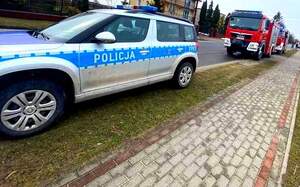 radiowóz policyjny oraz strażackie stojące przy drodze.