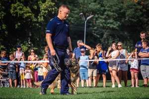 Policjant idący z psem służbowym obok nogi.