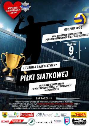 Plakat informujący o turnieju charytatywnym piłki siatkowej na rzecz policjanta. Rysunek zawodnika grającego w piłkę siatkową.