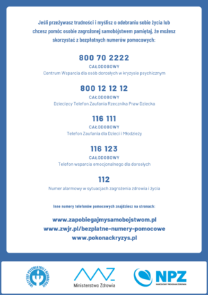 Ulotka z numerami telefonów dla osób które potrzebują wsparcia w kryzysie.