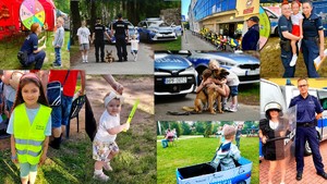Zbiór zdjęć na których widać dzieci w kamizelkach odblaskowych, z odblaskiem w dłoni, policjanci z dziećmi przed komendą, podczas festynów oraz dzieci przytulające się do psa.