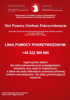 Plakat z informacjami o pomocy osobom pokrzywdzonym przestępstwem.