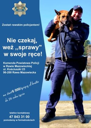 Plakat policjanta z psem służbowym, informacje dotyczące wstąpienia do służby.