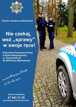 Plakat promujący wstąpienie do służby dwoje policjantów i radiowóz.