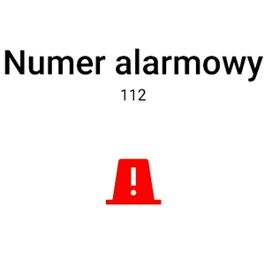 Napis numer alarmowy, 112 oraz syrena.