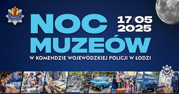 Napis noc muzeów zdjęcia starych radiowozów, mundurów.