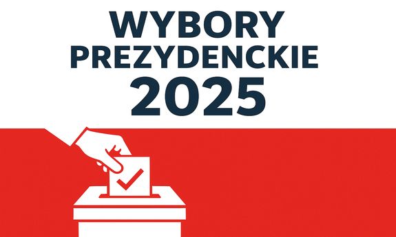Napis wybory prezydenckie 2025, ręka wkładającą dokument do urny .