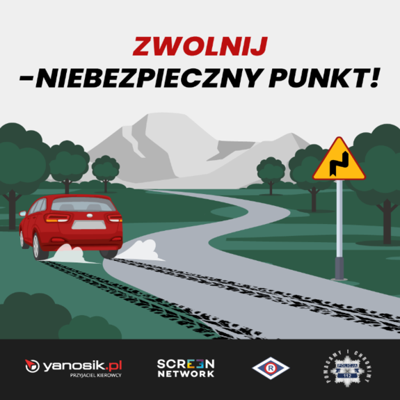 Napis zwolnij niebezpieczny punkt, auto, ślady hamowania na drodze zakręt znaki drogowe.