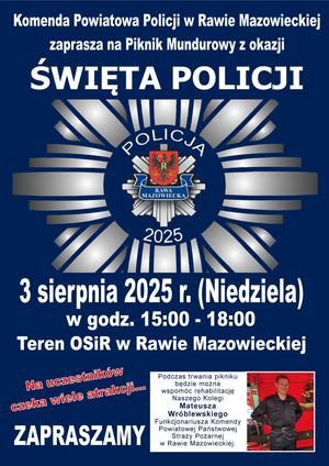 Plakat informujący o pikniku mundurowym z okazji święta Policji. Gwiazda policyjna i szczegółowe dane w komunikacie.