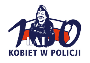 Napis 100 lat kobiet w Policji, grafika kobiety w mundurze.