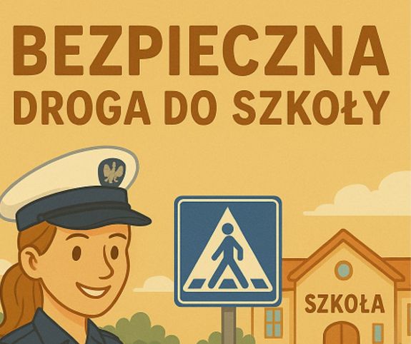 Grafika policjantki, znaku drogowego i budynku szkoły z napisem bezpieczna droga do szkoły.