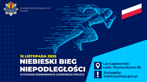 Grafika biegacza i napisy niebieski bieg niepodległości, flaga Polski.