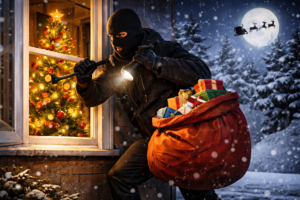 Włamywacz próbujący wejść przez okno do domu w tle aura świąteczna.