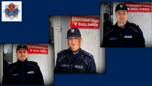 Zdjęcia dwóch policjantów i policjantki oraz gwiazda policyjna.