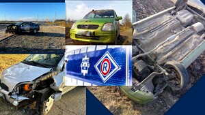 Kilka zdjęć rozbitych aut oraz zdjęcie boku radiowozu z dużą literą R oznaczająca ruch drogowy i numer 112.