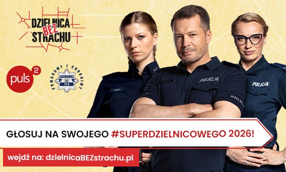 Policjant i dwie policjantki na plakacie. Napis głosuj na swojego super dzielnicowego 2026.