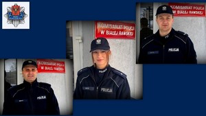 Troje policjantów na tle komisariatu i gwiazda policyjna.