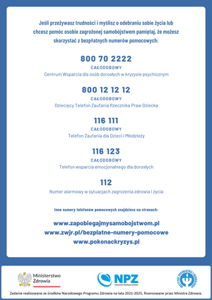 Plakat z numerami telefonów do instytucji pomagających w kryzysach emocjonowanych.
