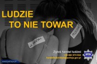 Plecy kobiety w bieliźnie i napis ludzie to nie towar.