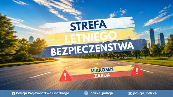 Plakat strefa letniego bezpieczeństwa, droga i budynki.