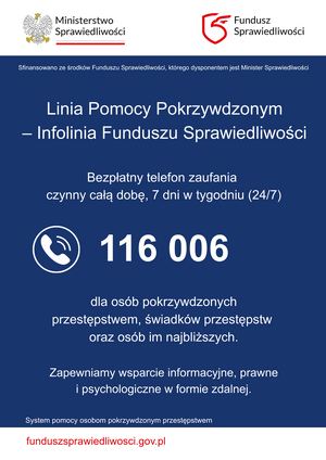 Ulotka funduszu sprawiedliwości dotycząca wsparcia dla osób pokrzywdzonych przestępstwem, numer telefonu i dane szczegółowo opisane w komunikacie.