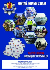 Plakat przedstawiający policjantów z różnych wydziałów podczas wykonywania obowiązków służbowych