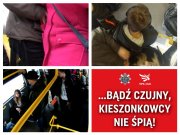 obraz podzielony na cztery części, w pierwszej widać kobietę w różowej kurtce i postać w brązowej kurtce która sięga do jej kieszeni, w drugiej części ludzie w autobusie, w trzeciej widok z góry na dwie postacie w brązowej kurtce i czarnej, w czwartej napis ,,bądź czujny kieszonkowcy są wszędzie''