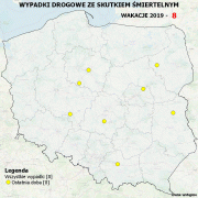 mapa Polski z zaznaczonymi miejscami wypadków drogowych