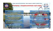 plakat z napisem pamiętaj o bezpieczeństwie nad wodą,zbiornik wodny i kolo ratunkowe